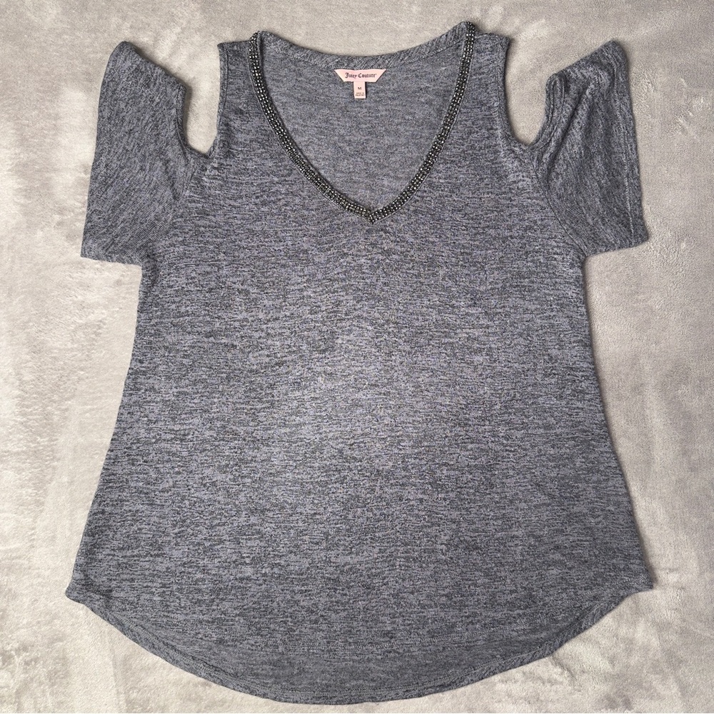 Juicy Couture Grey Heathered Embellished V-Neck Cold Shoulder Top - Women's M